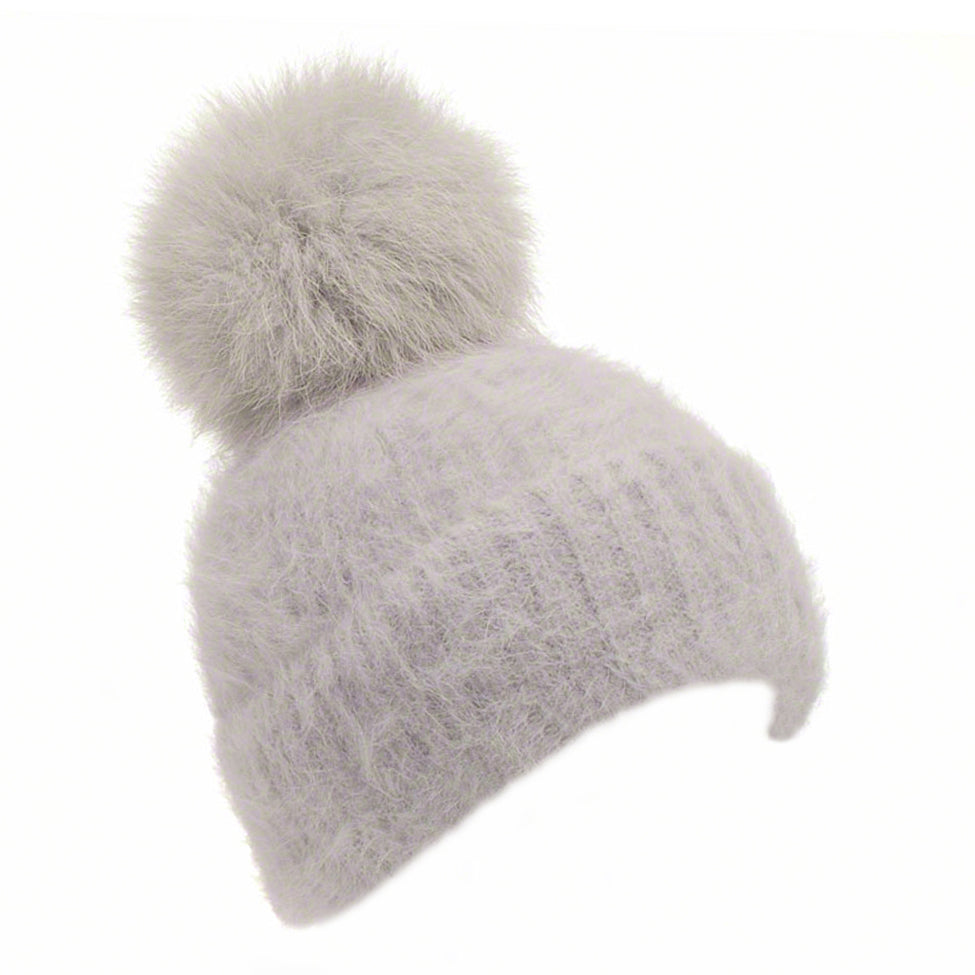 Grey knitted angora beanie with fox pompom - Ellimonelli
