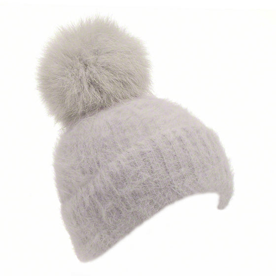 Grey knitted angora beanie with fox pompom - Ellimonelli