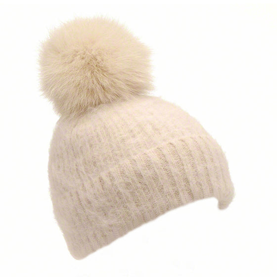 Beige knitted angora beanie with fox pompom - Ellimonelli
