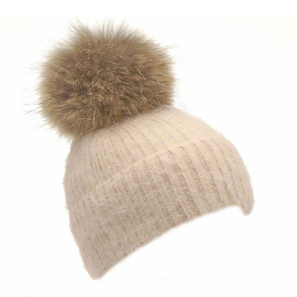 Beige knitted angora beanie with raccoon pompom - Ellimonelli