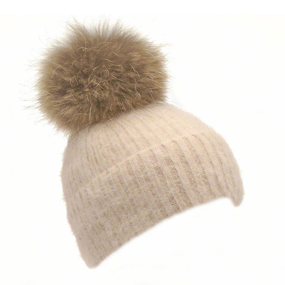 Beige knitted angora beanie with raccoon pompom - Ellimonelli
