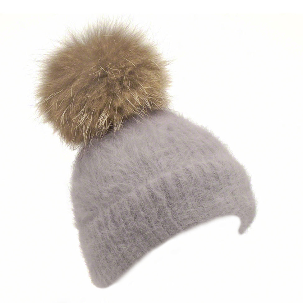 Grey knitted angora beanie with raccoon pompom - Ellimonelli