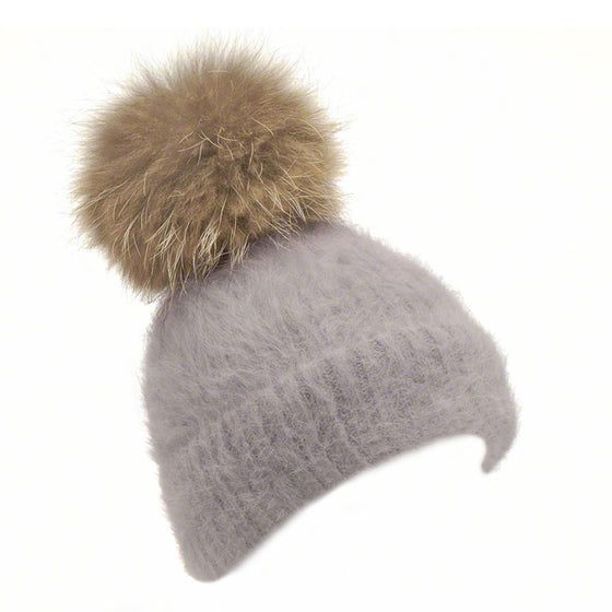 Grey knitted angora beanie with raccoon pompom - Ellimonelli