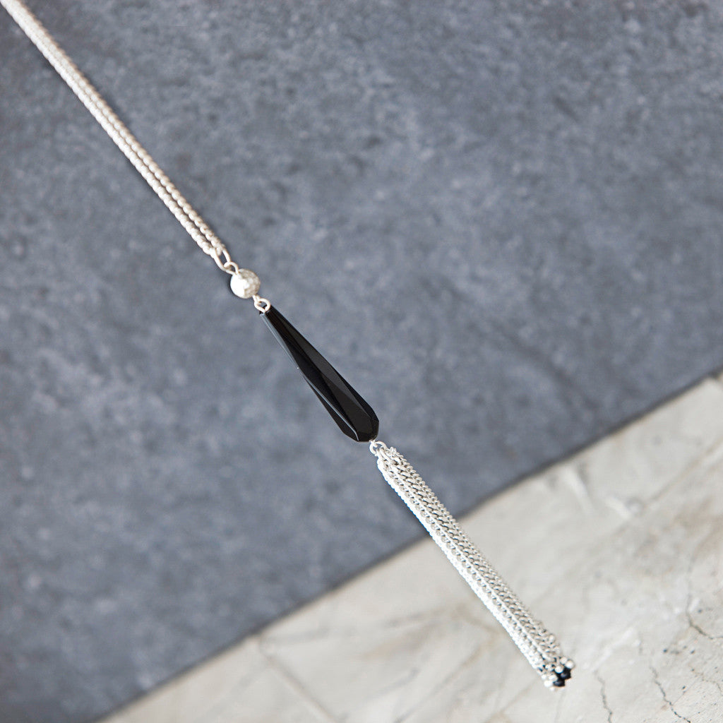 Tutti antique silver finish long stone tassel necklace - Ellimonelli